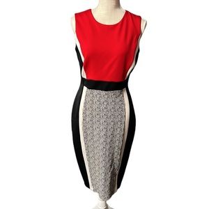 Enfocus Studio Sleeveless Form Fitting Knee Length Midi Dress Red White Womens 8